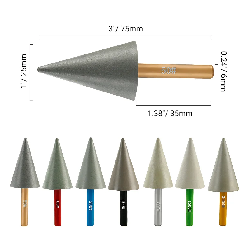 7Pcs Conical Diamond Grinding Heads for Metal Mould Polishing Rotary Diamond Tools Polishing Burr Resin Grinding Bits Set 6mm