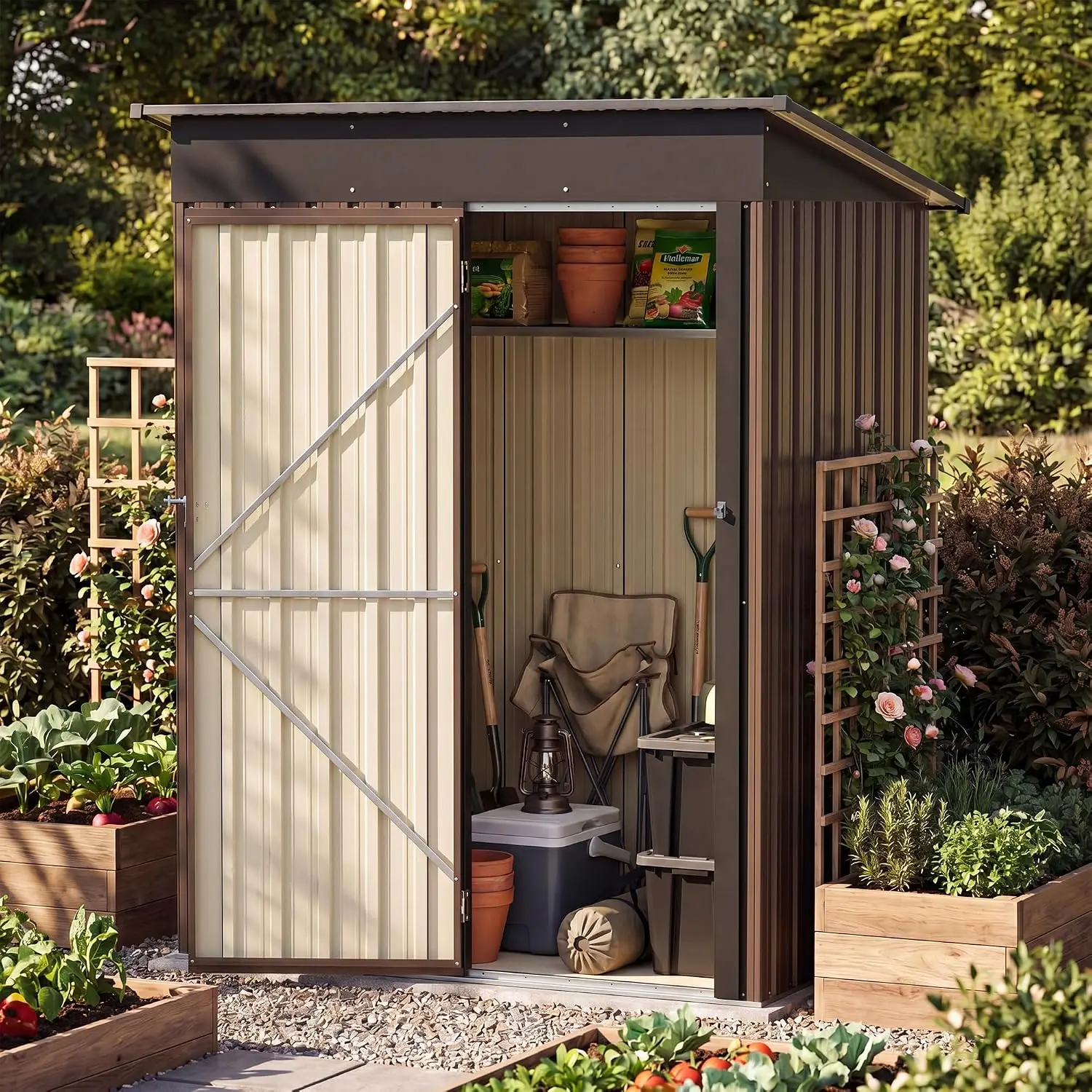 5x3 FT Outdoor Storage Shed Galvanized Steel Tool Shed Lockable Door Air Vent Sloped Roof Backyard Patio, Customized
