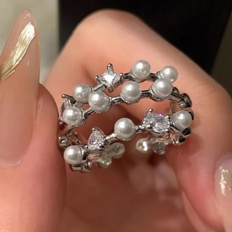 VENTFILLE 925 Sterling Silver Pearl Three Layers Ring for Women Zircon Wedding Sweet Adjustable Versatile Jewelry Gift Dropship