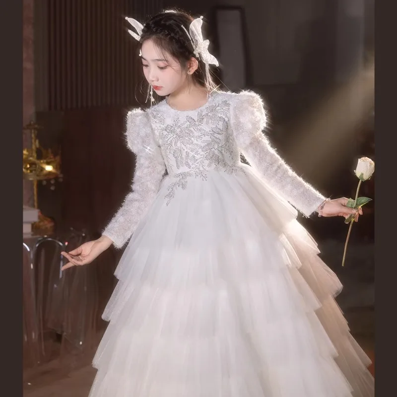 Children's White Flower Girl Dress for Weddings, Spring and Autumn High-End Luxury Niche Girls' Piano Performance Host Dress