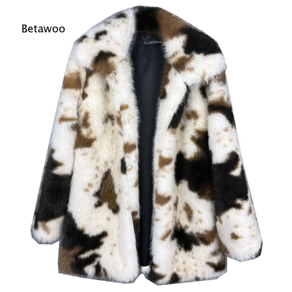 Women Lapel Open Front Faux Fur Short Coat Shaggy Spotted Pattern Outerwear for Cold Weather Social Activities and Party Styling