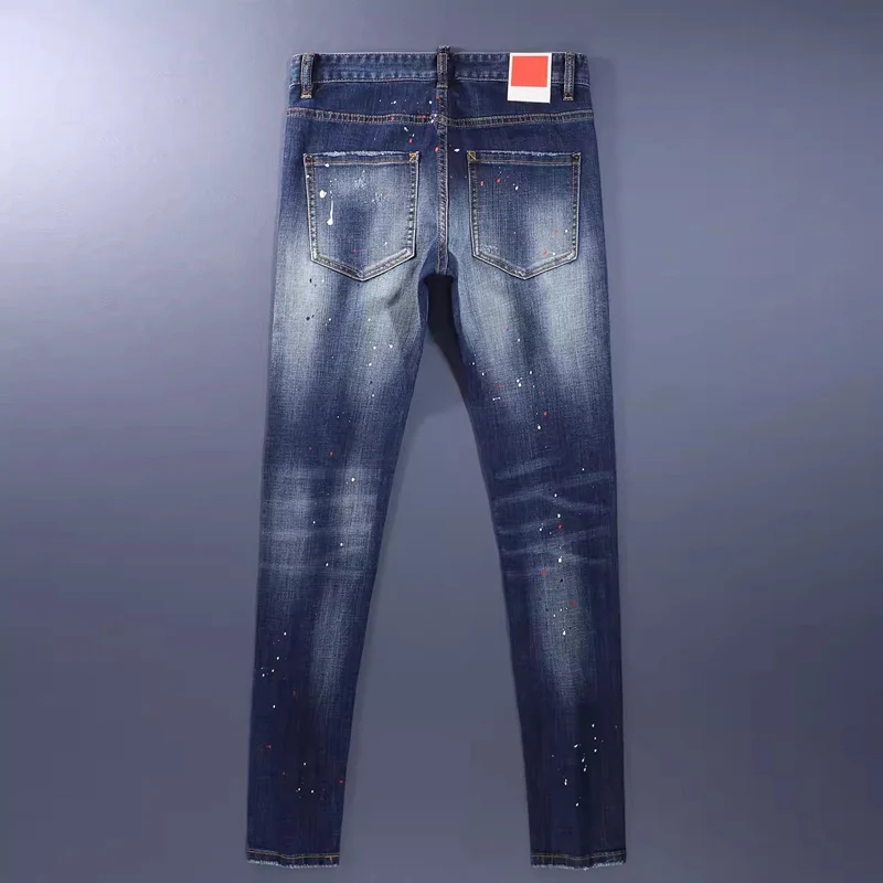 New designer's fashionable men's jeans, high-quality elastic slim fit corrugated jeans, men's retro pants brand, retro blue pant