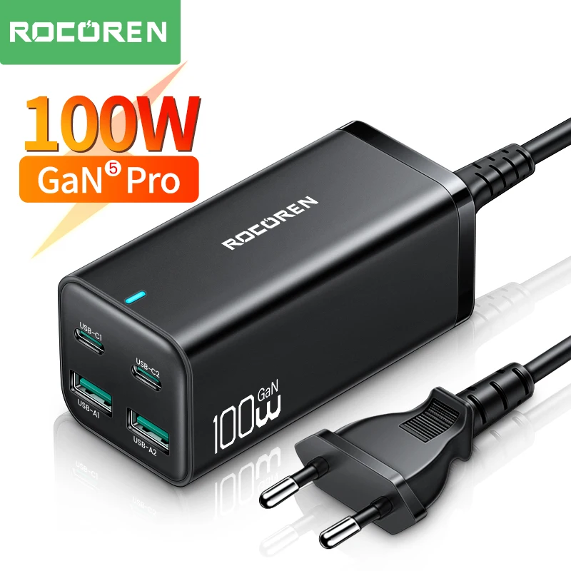 Rocoren 100W GaN Charger USB C Desktop Charger PD QC 4.0 5.0 3.0 USB Type C Fast Charging For iPhone Samsung MacBook Pro Laptop