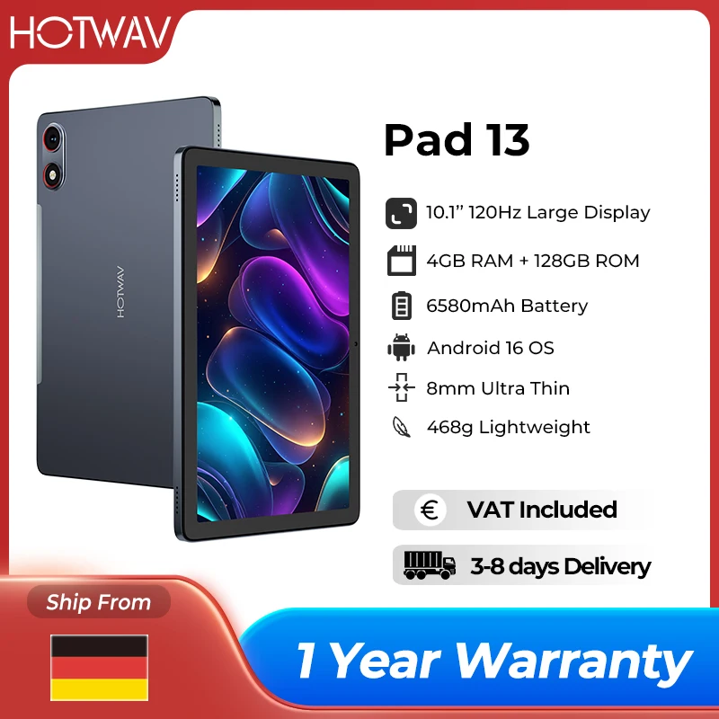 HOTWAV Pad 13 Tablet Android 16 OS Ultradünn und leicht 120 Hz 10,1 Zoll Display Pad 4 GB 128 GB 6580 mAh 13 MP Octa-Core-Tablet-PC