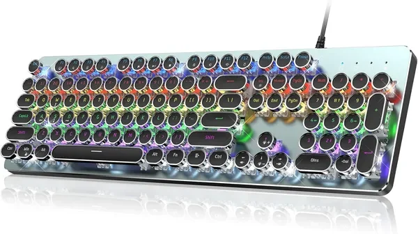 

Механическая игровая клавиатура в стиле пишущей машинки, металлическая панель, круглые клавиши в стиле ретро-панк, синие, с эффектом щелчка.