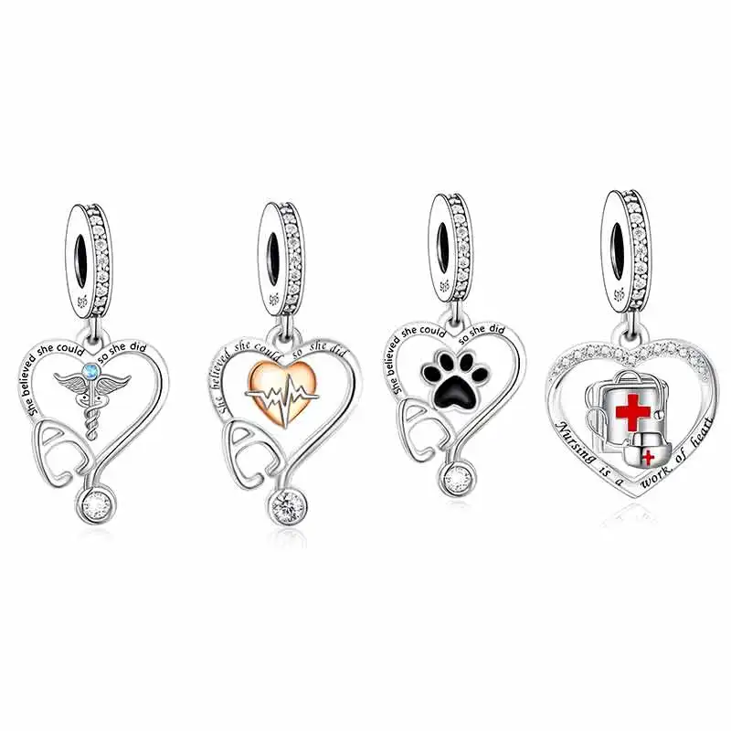 Fit Original Pan Charms Bracelet 925 Silver Nurse Stethoscope Heartbeat Bead For Making Medicine Physician Assistant Berloque