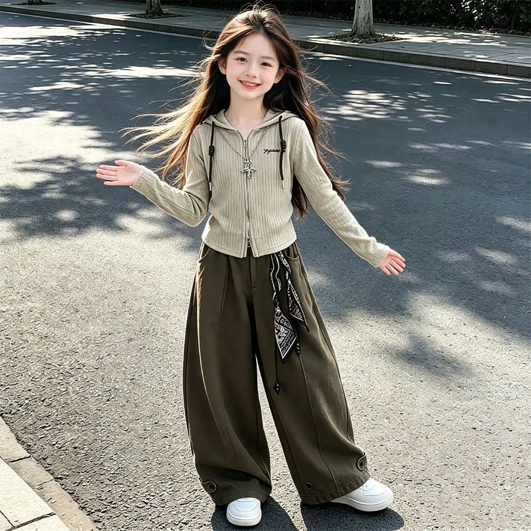 2026 Autumn Winter Girls Children Set Jacket Narrow Waist Teens Crop Top Hooded + Wide Leg Pant Tracksuit 4 5 6 8 10 12 14 Year