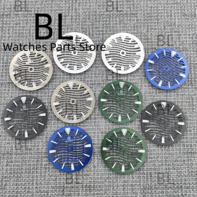 BLIGER 29mm Hollow Out Wave Watch Dial For NH70 NH72 Skeleton Movement Black Silver Blue Green Dial C3 GreenLuminous Watch Parts