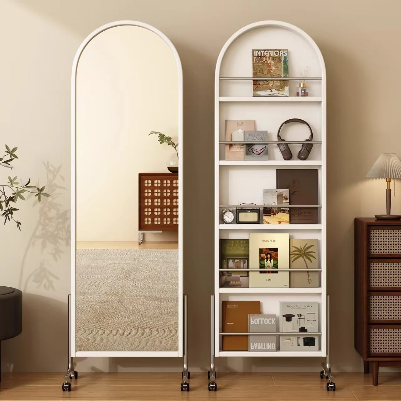 Retro movable full-length mirror with 360-degree rotation function ° multi-functional vanity mirror with wheels, with magazine