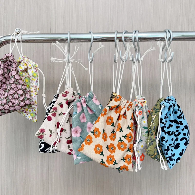 Mini Drawstring Makeup Lipstick Bag  Small Cloth  Travel Underwear Socks Packaging Bag Floral Print Cosmetic Storage Bag