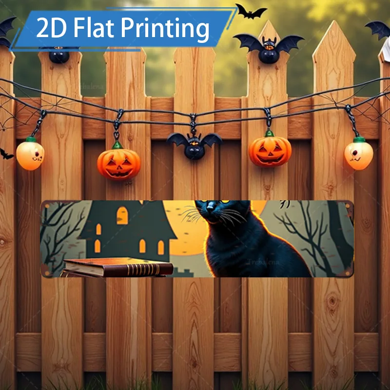 1 قطعة 4x16 بوصة علامة معدنية للهالوين 2D علامة معدنية مسطحة-قطة سوداء، منزل مسكون وديكور اليقطين