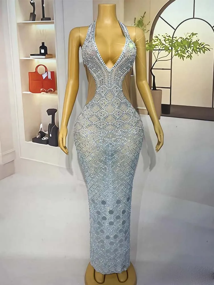 Vestido de mujer personalizado con lentejuelas y diamantes de imitación de alta calidad, vestido Sexy con cuello colgante y espalda descubierta, nueva moda 2025