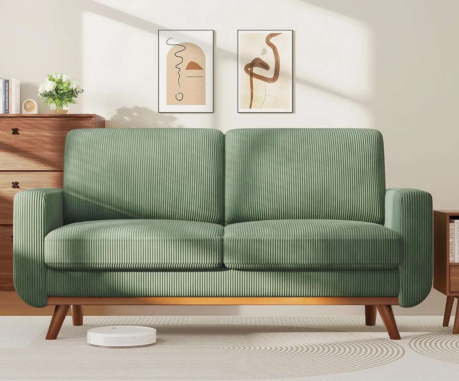 

68" Loveseat Sofa - Green, Comfy Corduroy with Spring Cushion, Solid Wood Frame, Modern Deep Seat, Bedroom & Living Room