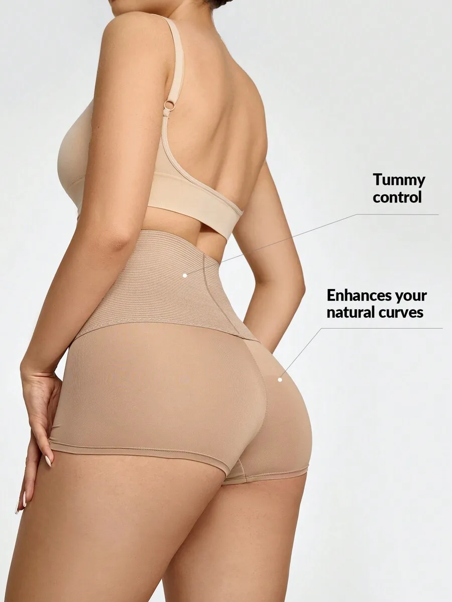 

Womens Apricot Knitted Tummy Control Mini Shorts Shapewear High Waist Semi-Sheer Leggings
