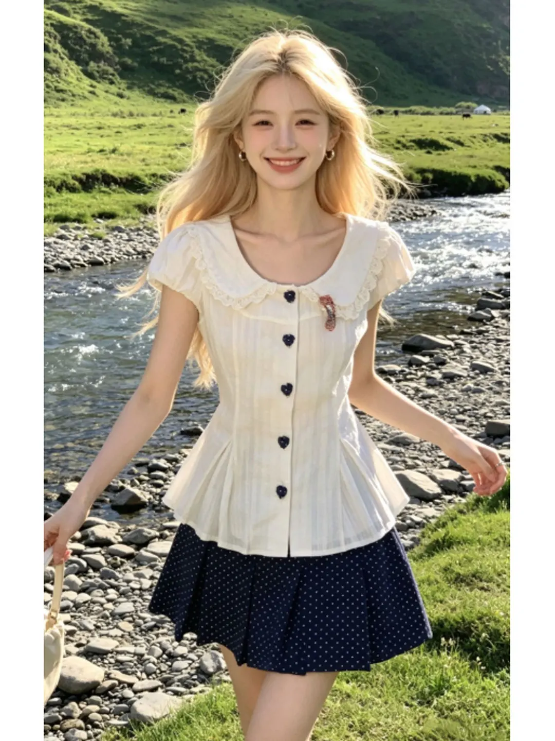 

Preppy Style Polka Dot Half Skirt Set Unique Shirt And Skirt Ensemble Age Defying Summer Fashion Women's Cotton Shirt And Ski...