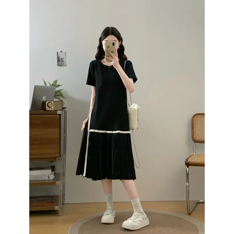 SuperAen Pleated Splicing Dress Medium and Long Oversize T-shirt Dress Women's Summer Long Dress