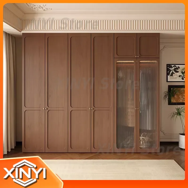 Tall Glass Door Wardrobe for Bedroom with Rattan Wood Design Dust Proof Open Storage Clothes Organizer Armario de Ropa