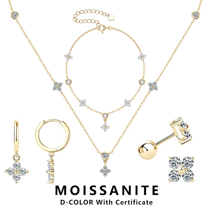

Lnngy Moissanite Necklace Bracelet Earring 925 Sterling Silver Four Leaf Flower Pendant Moissanites Jewelry Set For Wedding Gift