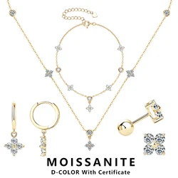 Lnngy Moissanite Necklace Bracelet Earring 925 Sterling Silver Four Leaf Flower Pendant Moissanites Jewelry Set For Wedding Gift