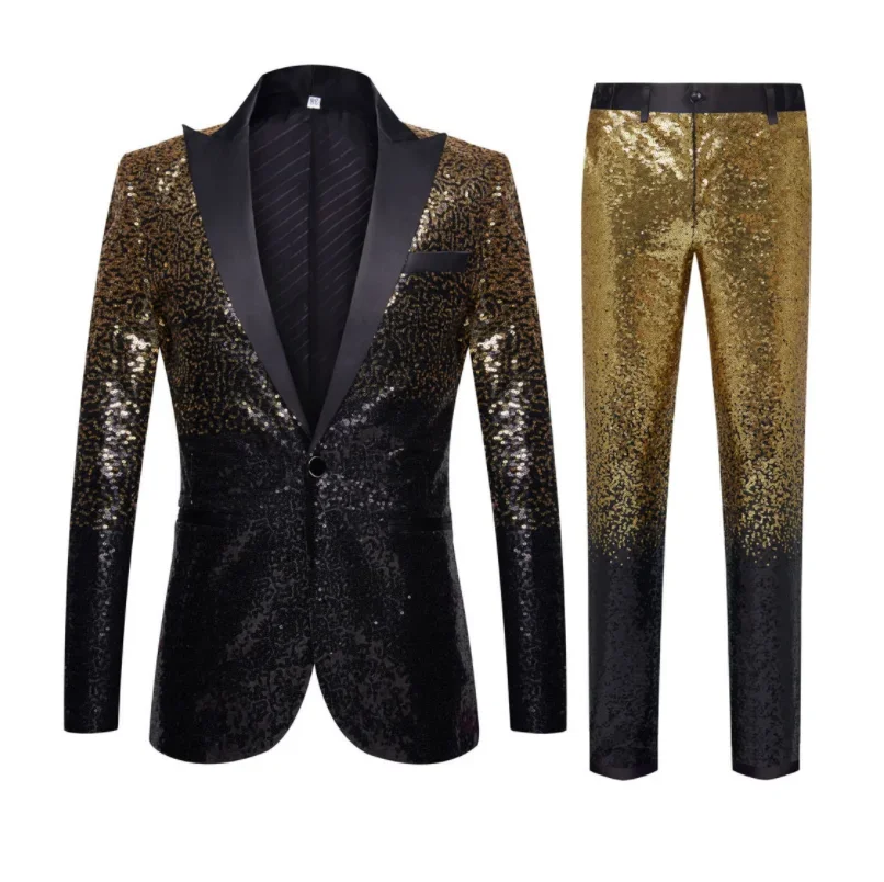 High Quality (Blazer + Trousers) Men\'s Fashion Elegant Casual Wedding Groomsmen Banquet Dance Party Sequin Costumes 2 Piece Set