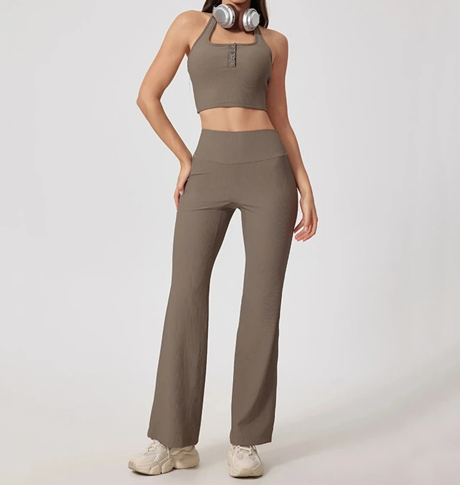 

2PCS Ribbed Flare Pant Yoga Set Women Button Bra Sportswear Running Fitness Gym Workout Clothes High Waist ActiveWear Pants