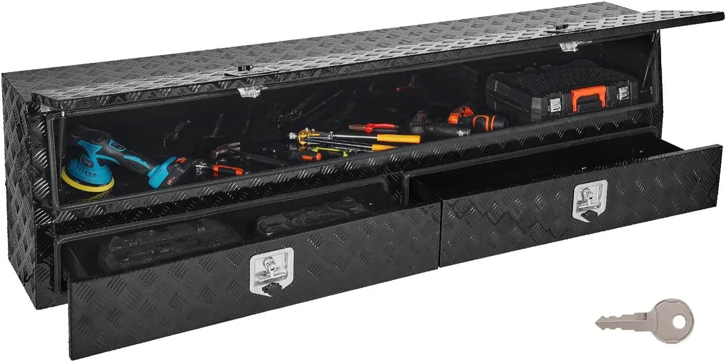 Contractor Truck Tool Box, 81.5 x 21 x 13 in, Black Tread Aluminum TopSider Toolbox with Two Lower Drawers, Flip Up Door