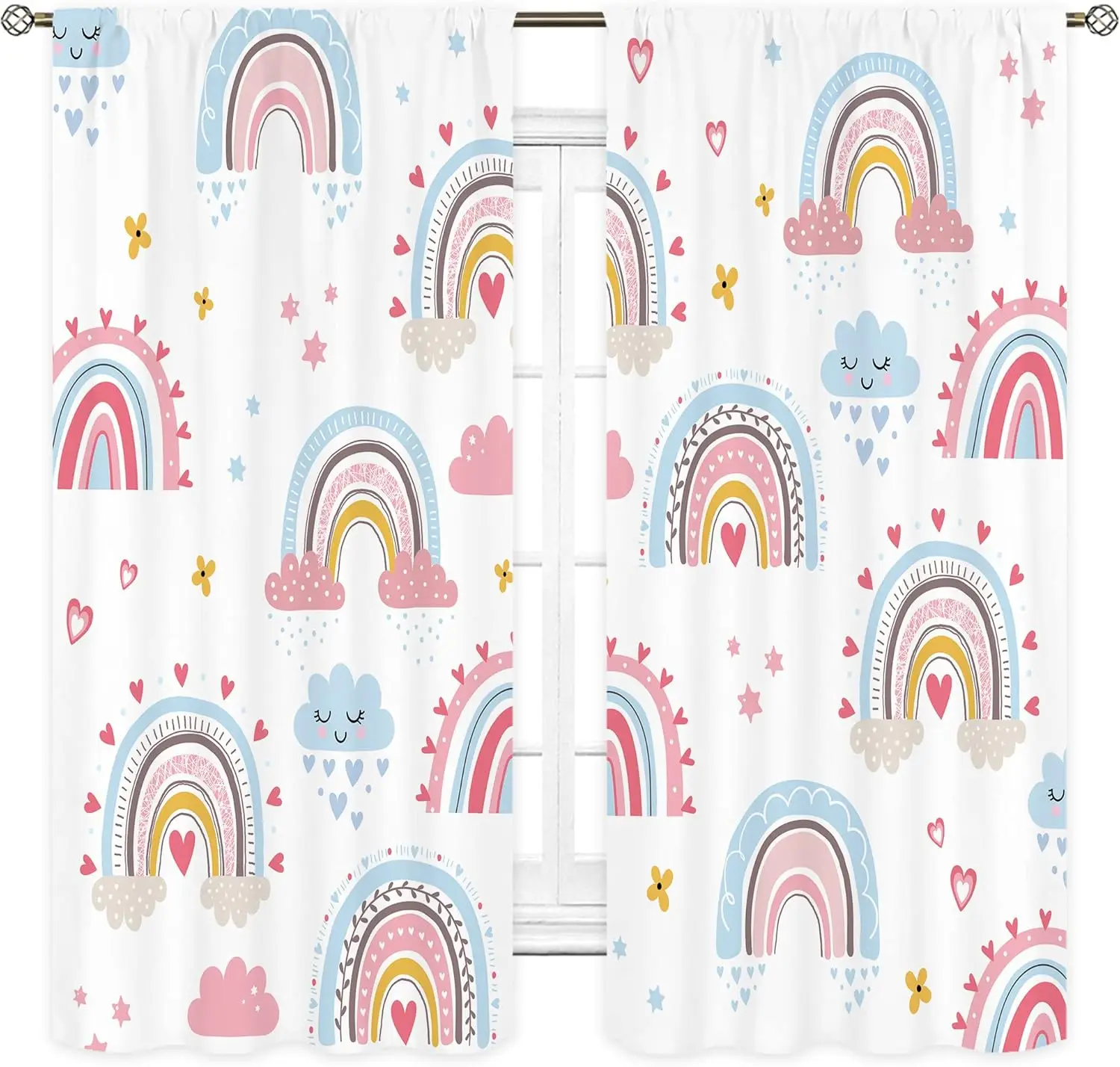 Baby Girls Pink Boho Rainbow Curtains Rod Pocket Cute Cartoon Colorful Cloud Stars for Kids Children Nursery Bedroom Decor