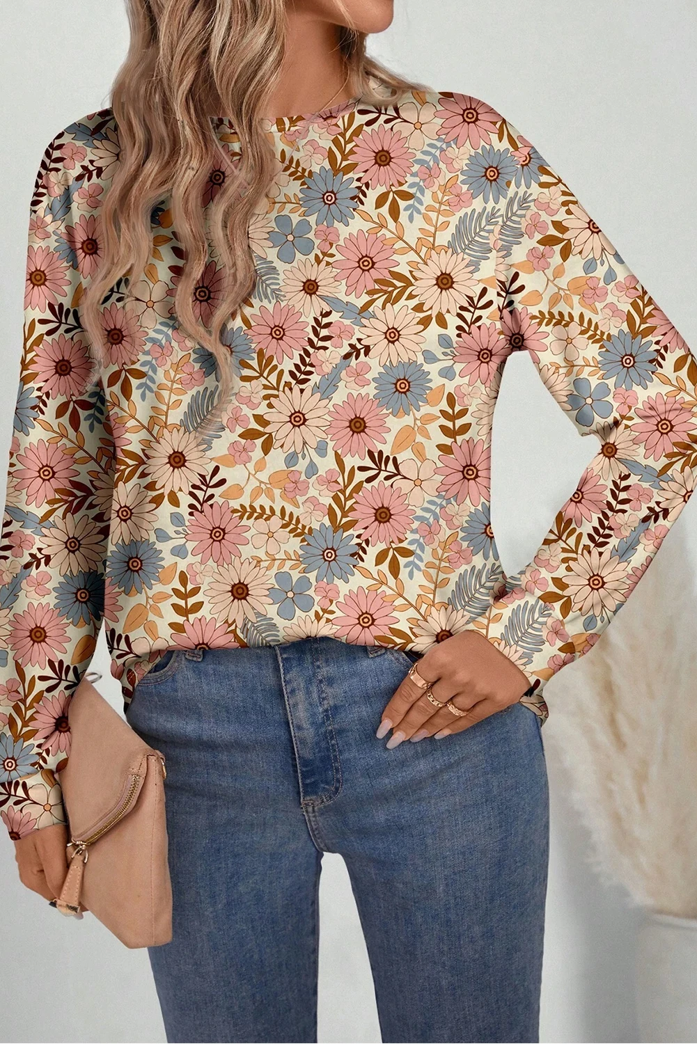 여성용 가을 라운드넥 풀오버, 캐주얼하고 다재다능한 꽃무늬 프린트 스웨터