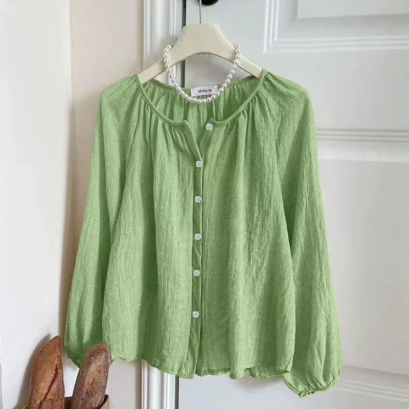 Balloon Sleeves Sunscreen Shirt Woman Vintage O Neck Cotton and Linen Sunscreen Shirt Loose Casual Solid Women's Clothing