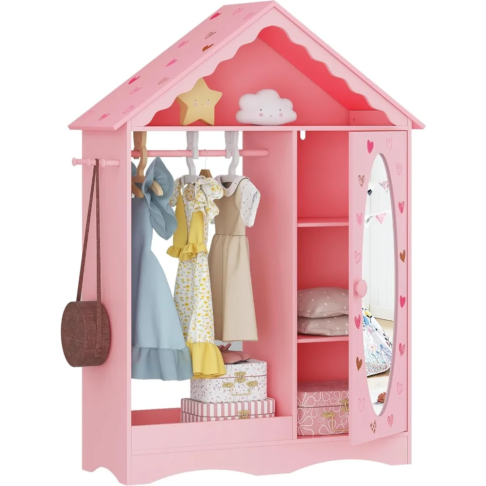 

Kids Dress Up Storage Armoire with Mirror Hanging Costume Organizer Cabinet for Girls Playroom