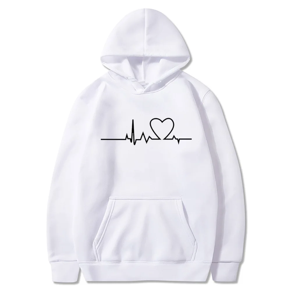 Heart Rate Printed Hoodies Men Women Loose Fitting Basic Graphic Sweatshirts Unisex Hooded Fleece Top Casual Streetwear Chic