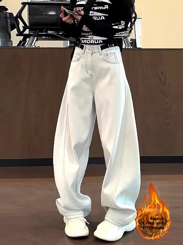 American Sle Fce Lined Wide Leg Jeans Women Winter New plus Size Loose Comfortable High Waist Denim Trousers