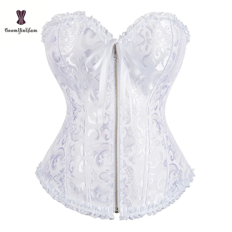 Front Zipper Floral Pleated Trim Bustier Fancy Women Corset Sexy Laced Lingerie Vintage Underwear With G-String 819#