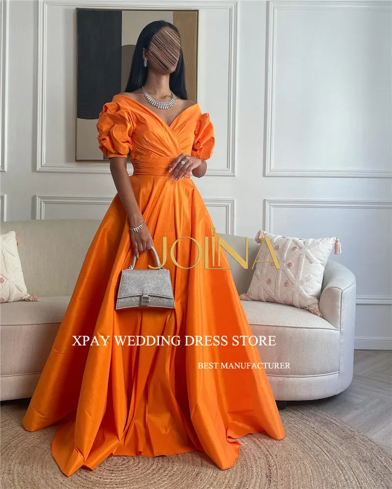 XPAY Sexy Off the Shoulder Orange Taffeta Evening Dresses Saudi Arabic Women Puff Short Sleeves Simple Party Prom Gowns Vestidos