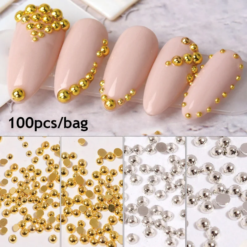 

100PCS Gold Nail Art Decoration Punk Style Glitter Round Studs Solid Semicircle Metallic Beads Manicure Art 3D Nail Rivet Decor