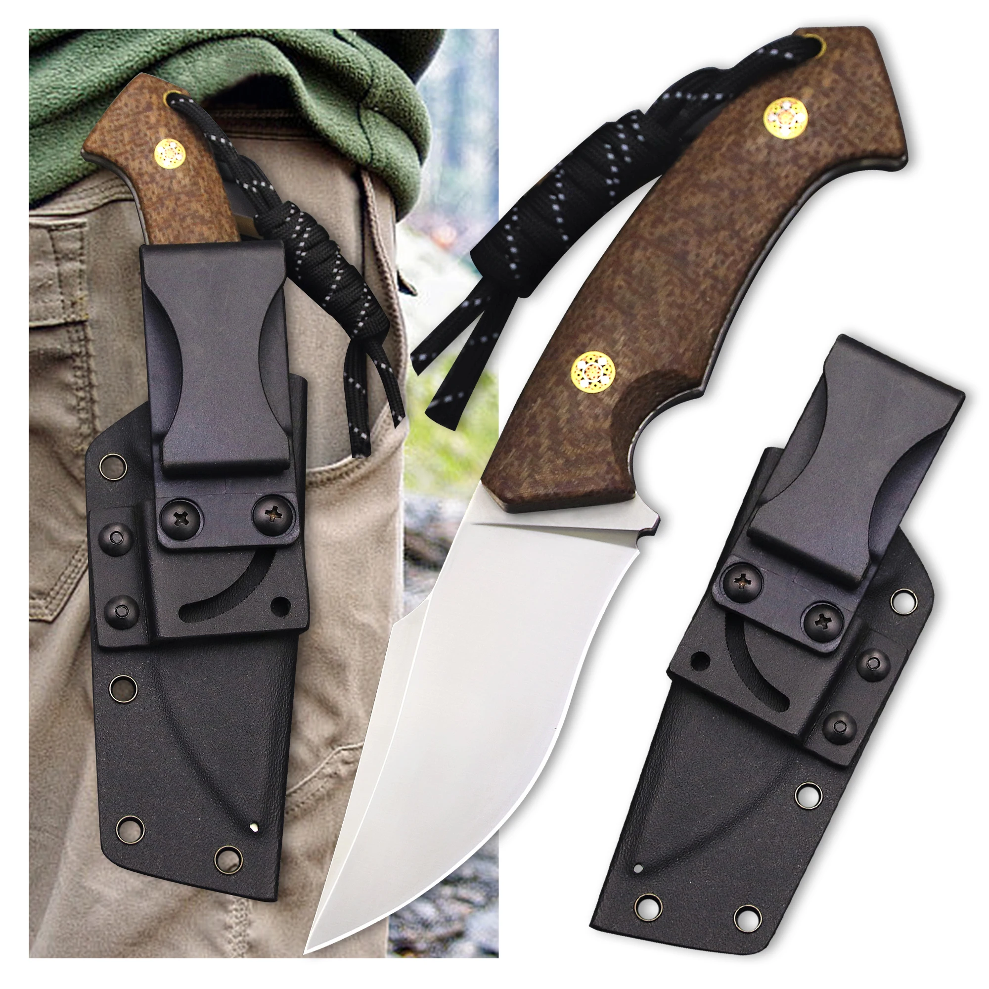 German D2 steel all Tang flax handle hunting straight knife +k sheath, camping outdoor survival hunting knife, EDC tool knife