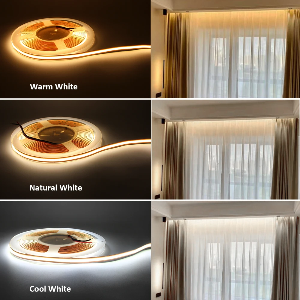 Imagem -02 - Fcob Led Strip Light Lâmpada de Fita de Alta Densidade Warm Cool White Iluminação Linear Decoração do Quarto dc 12v 24v Corte Livre mm Pcb 5m