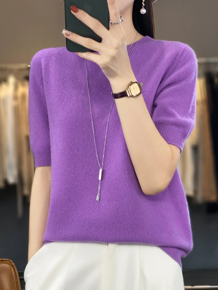 Fashion 100% Merino Wool Women Tops Knitwear Sweater O-Neck Half Sleeve Cashmere Pullover Spring Autumn Clothing Jumper Soft