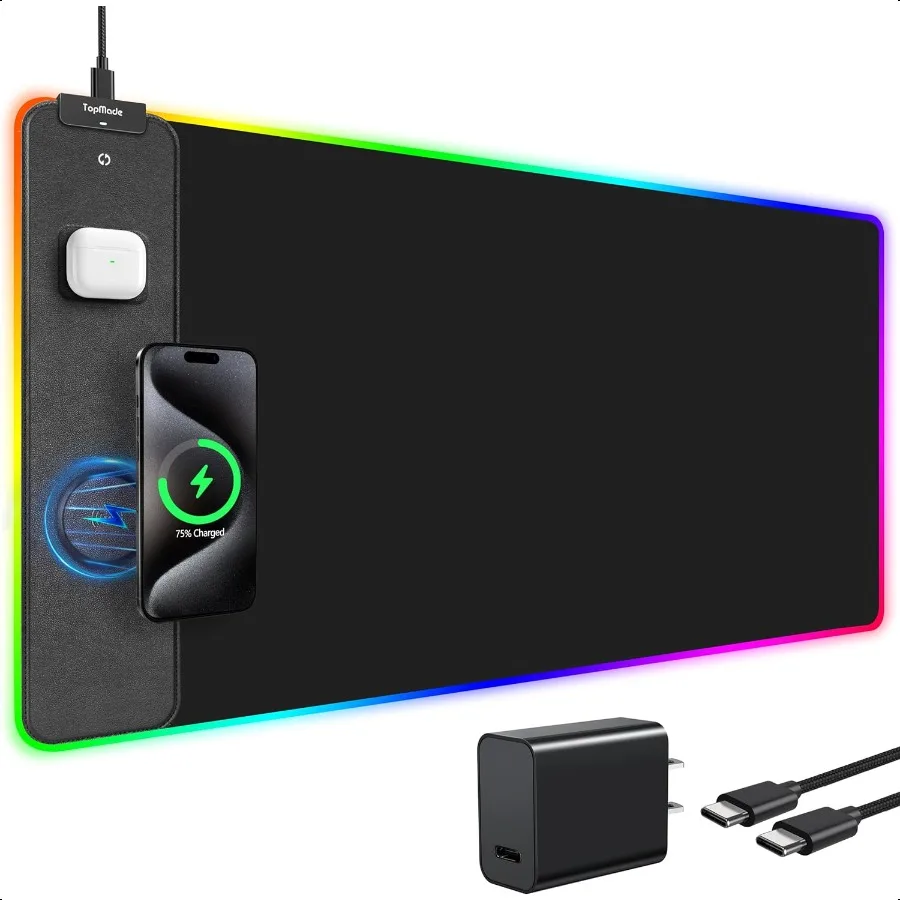 

Коврик для мыши RGB с беспроводной зарядкой, водонепроницаемый коврик для игрового стола с 4 режимами освещения, 11 цветов RGB, 31,5x15,75 XXL, большой коврик для стола, в комплект входит