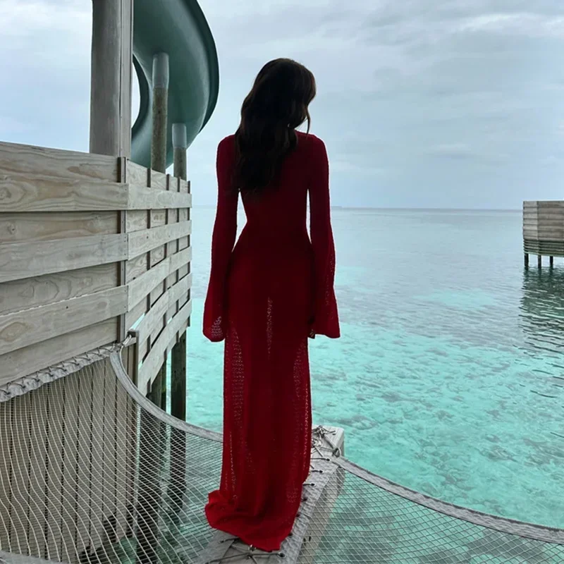 2025 니트 드레스 여름 여성 우아하고 시크한 섹시 맥시 바디콘 드레스 플레어 롱 슬리브 비키니 커버업 시스루 비치웨어