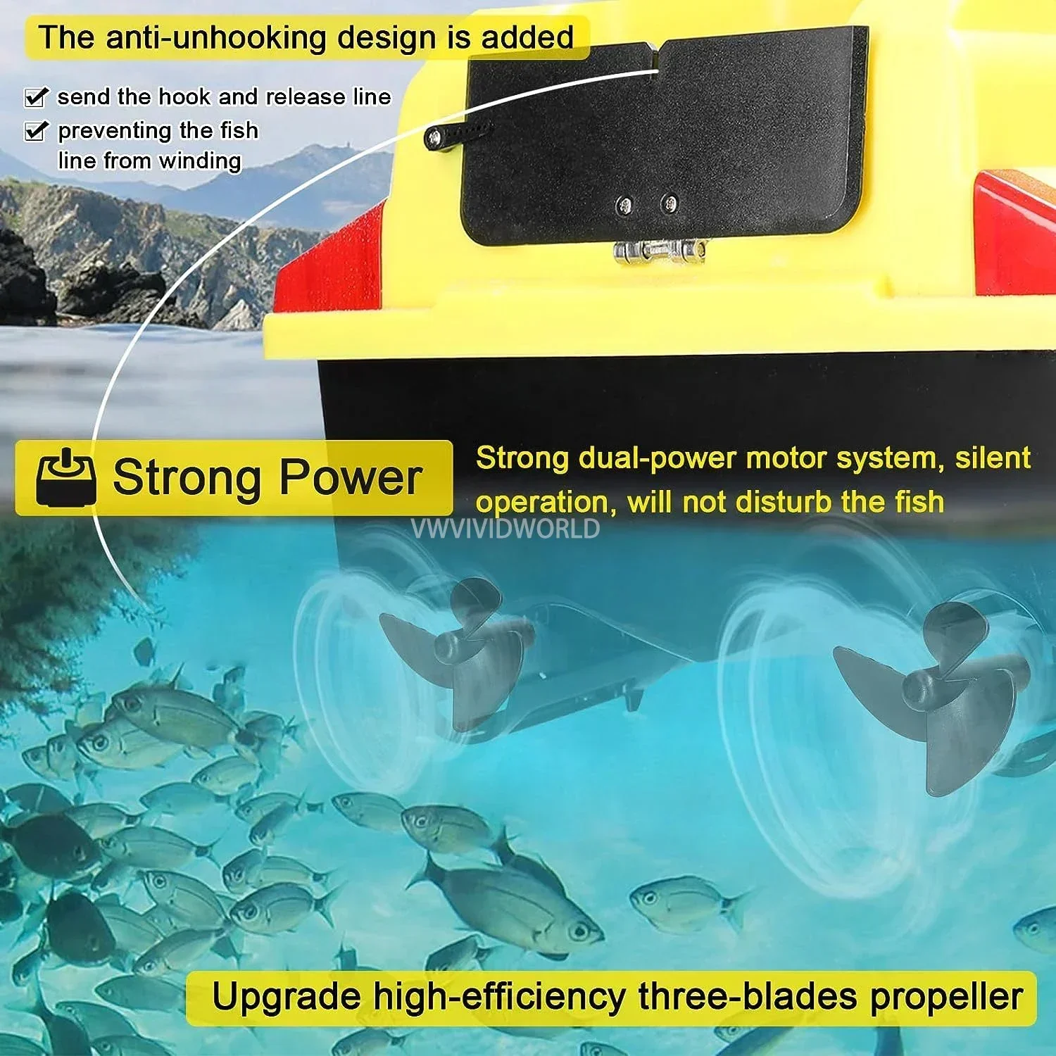 VWVIVIDWORLD 24000mAh GPS RC Fishing Bait Boat,500M RC Fish Finder,2Kg Loading Automatic Cruise/Return/Route Correction,VX