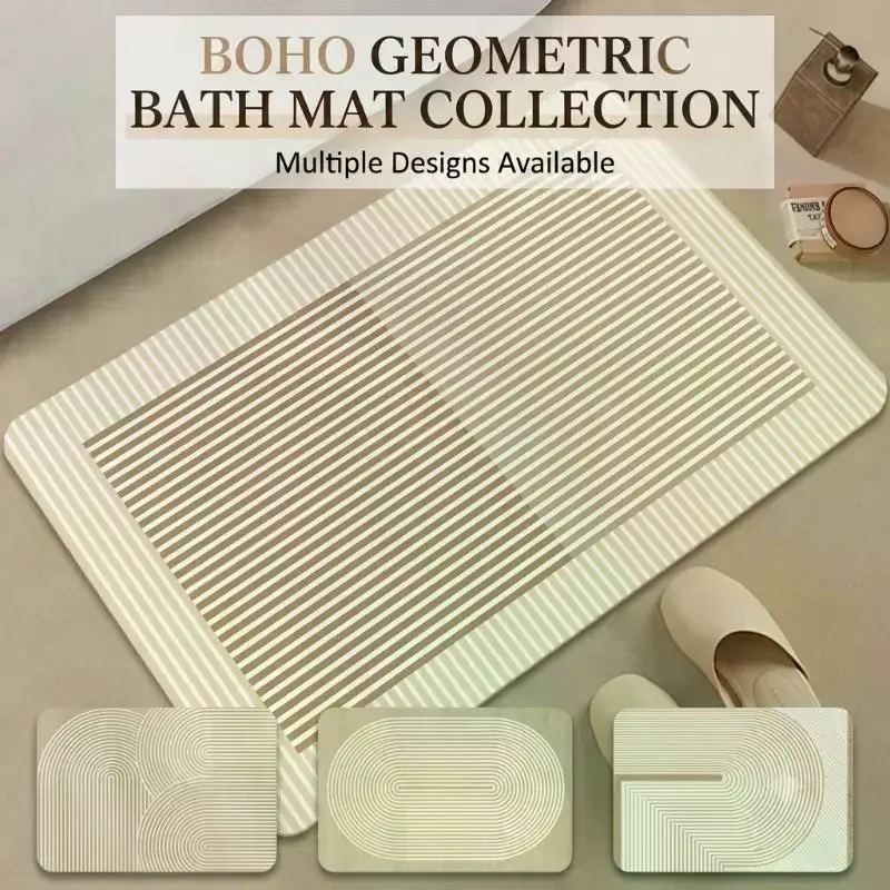 ベージュのストライプ柄珪藻土バスマット、速乾吸水、滑り止め加 - Non Slip Bath Mat のレビューと価格