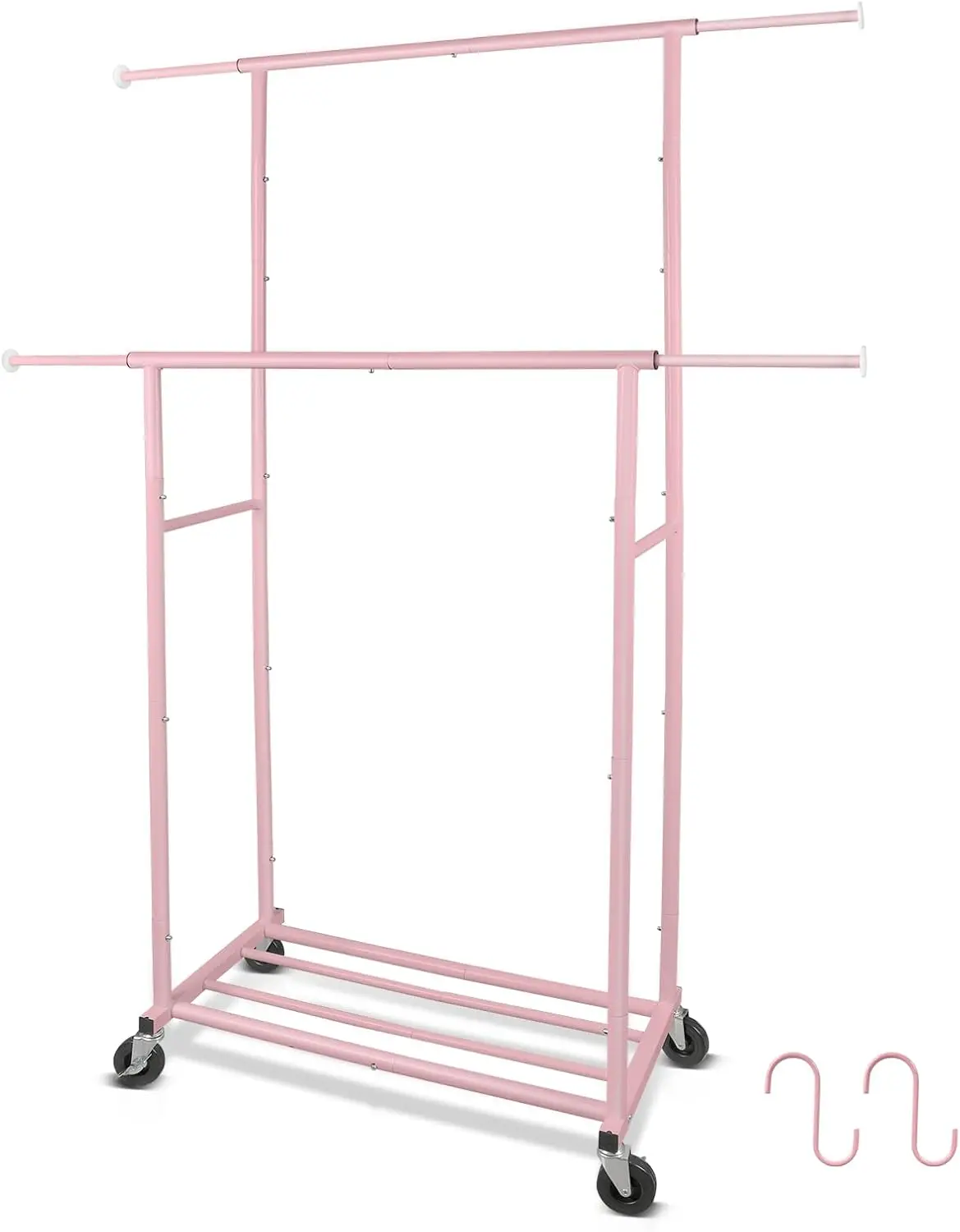 

Portable Pink Double Rod Garment Rack with Lockable Wheels, 48' W x 15' D x 67' H, Metal Hanging Organizer for Women