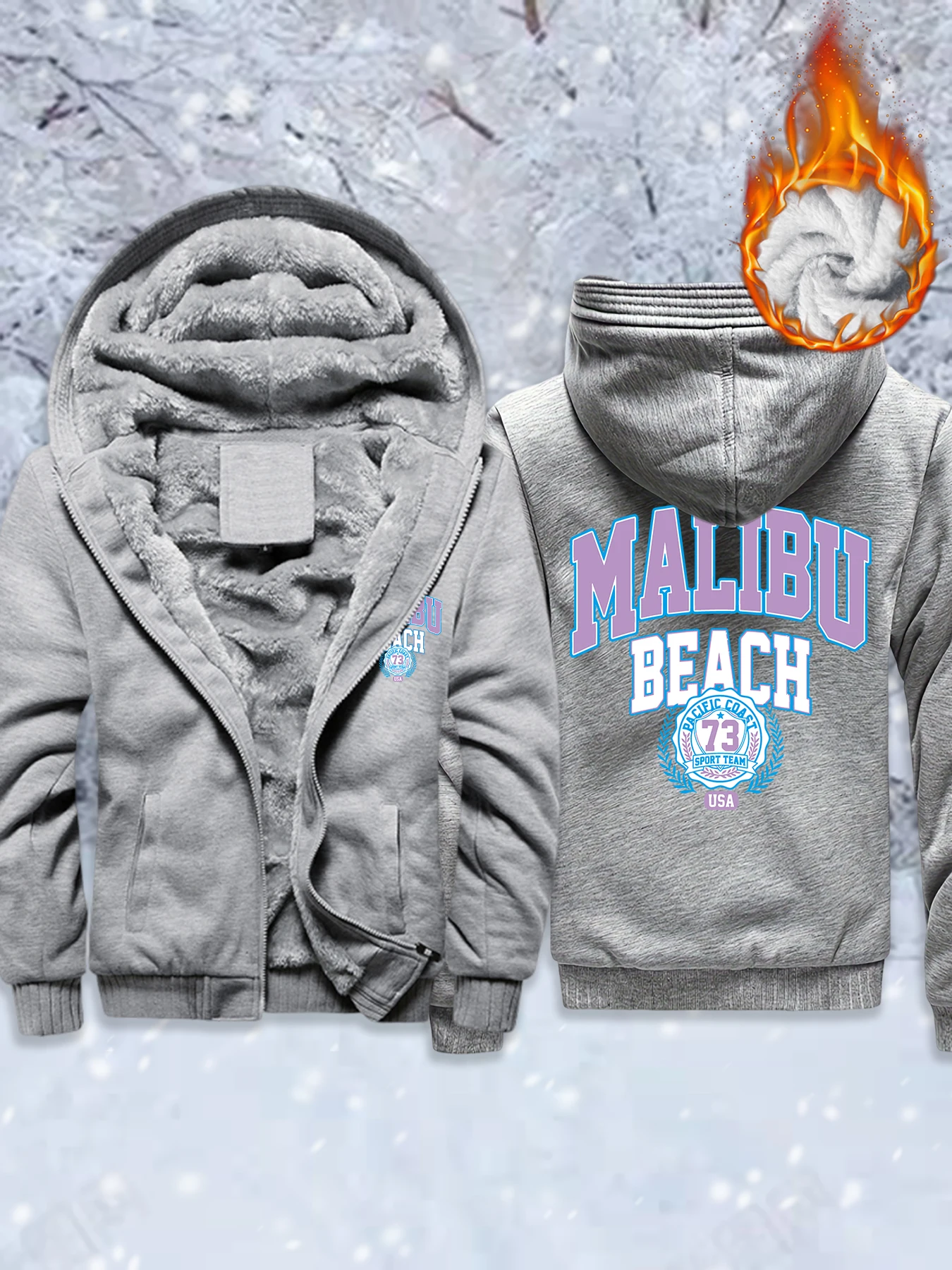 

Creative Mailbu Beach Pacific Coast Printed Men Fleece Thicken Jackets Soft Warm Outwear Winter Comfy Hoodie Pocket Zip-Up Veste
