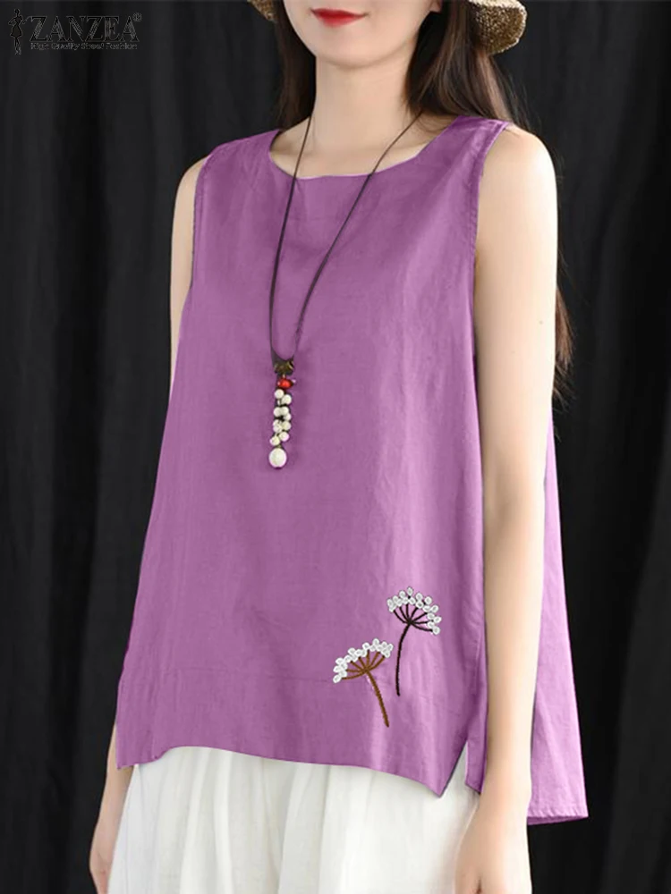 

ZANZEA 2025 Summer Sleeveless Tanks Tops Women Embroidery Blouse Fashion Casual Loose Holiday Beach Shirt Female Cotton Camis