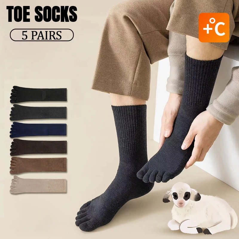 5-paia-di-calzini-da-uomo-in-lana-caldi-con-cinque-dita-comodi-adatti-per-l’ufficio-per-lo-sport-di-colore-marrone-antibatterici-resistenti-agli-odori-calzini-casual