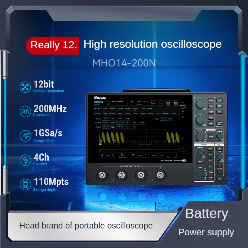 MHO14-100N MHO14-200N Mobiele 4-kanaals Touch Tablet DSO 100-200 MHz Bandbreedte 1 GSa/s Bemonsteringssnelheid 110 Mpts Geheugen 12-bit