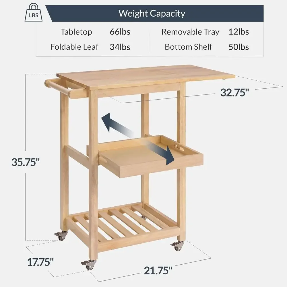 Solid Wood Kitchen Cart with Drop Leaf Extension, Removable Tray, Storage Shelf, Towel Bar, Locking Wheels, Space-Saving Utility