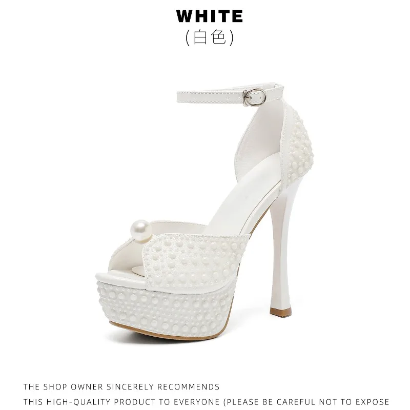 New Women's Fashion Pearl Waterproof Table High-heeled Sandals Sexy Versatile Stiletto Ultra-high-heeled Sandals Size 35-41