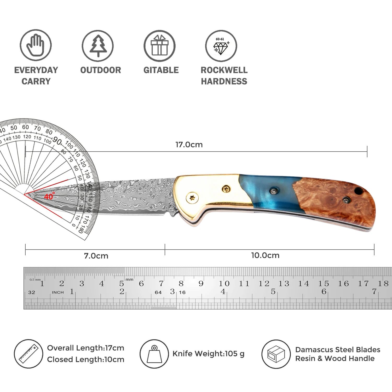 Outdoor Folding Knife Damascus Steel Multi functional Peeling, Cutting and Splitting Knife Portable Camping Pocket Fruit Knife